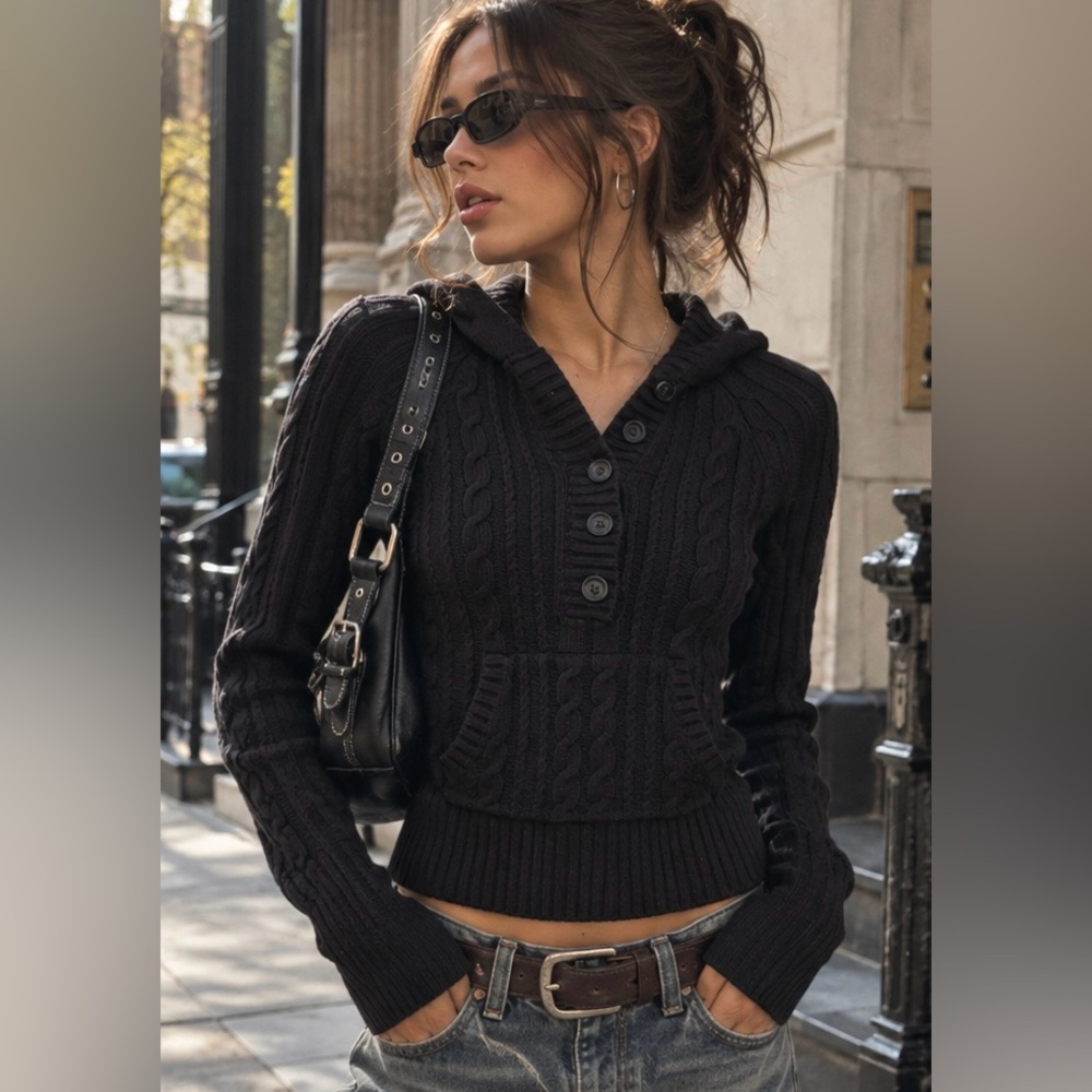 Aéropostale Y2K Style Black Cable Knit Hooded Henley Sweater - M